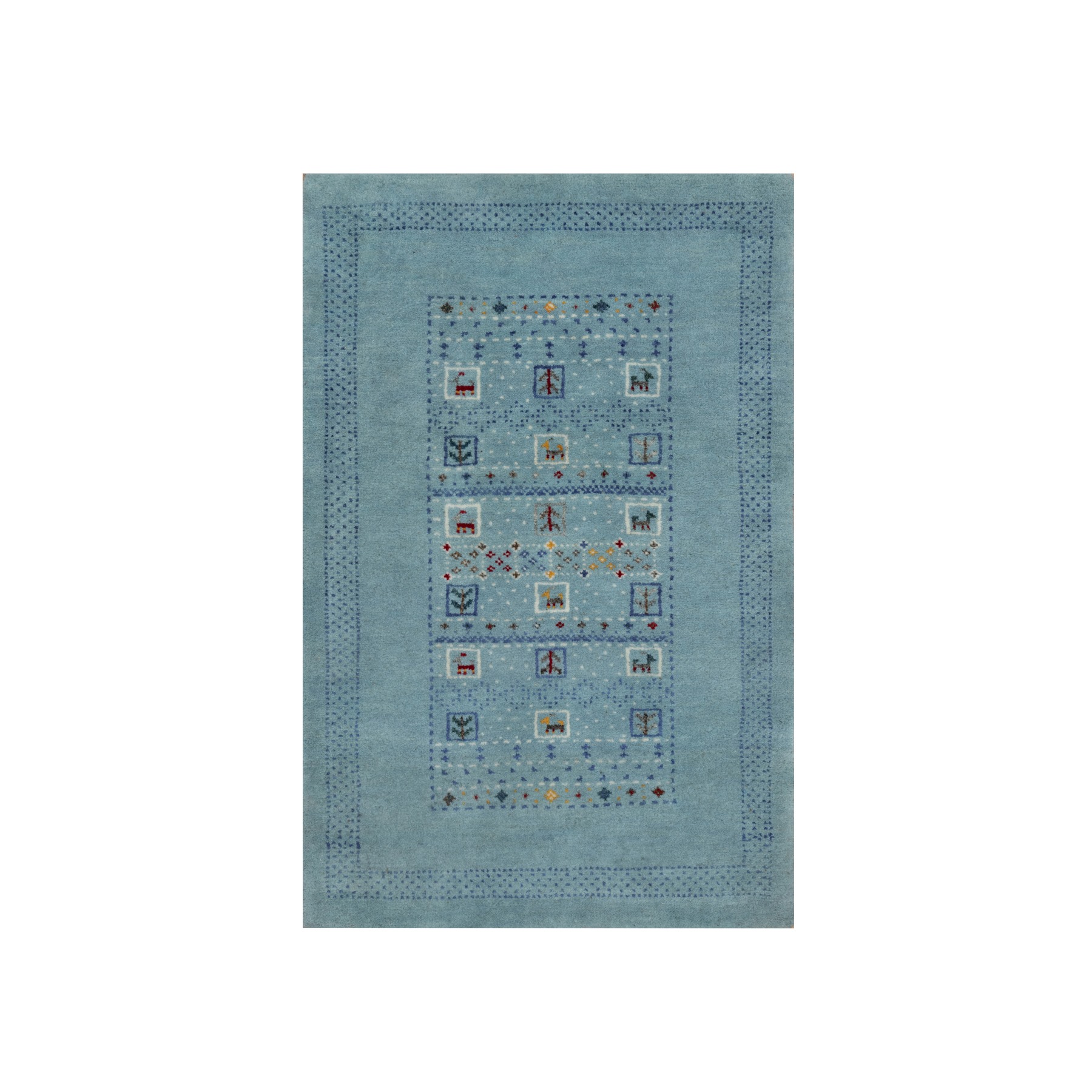 Cerulean Blue, Lori Buft Gabbeh with Small Animal Figurines, Modern, Thick and Plush, 100% Wool, Hand Knotted, Mat, Oriental Rug